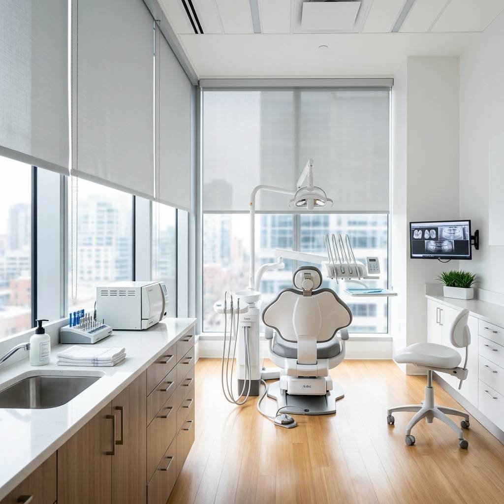 White roller blinds fitted in a dental clinic treatment room