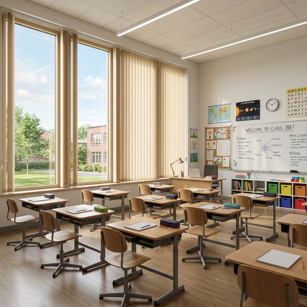 Beige vertical blinds fitted on large classroom windows