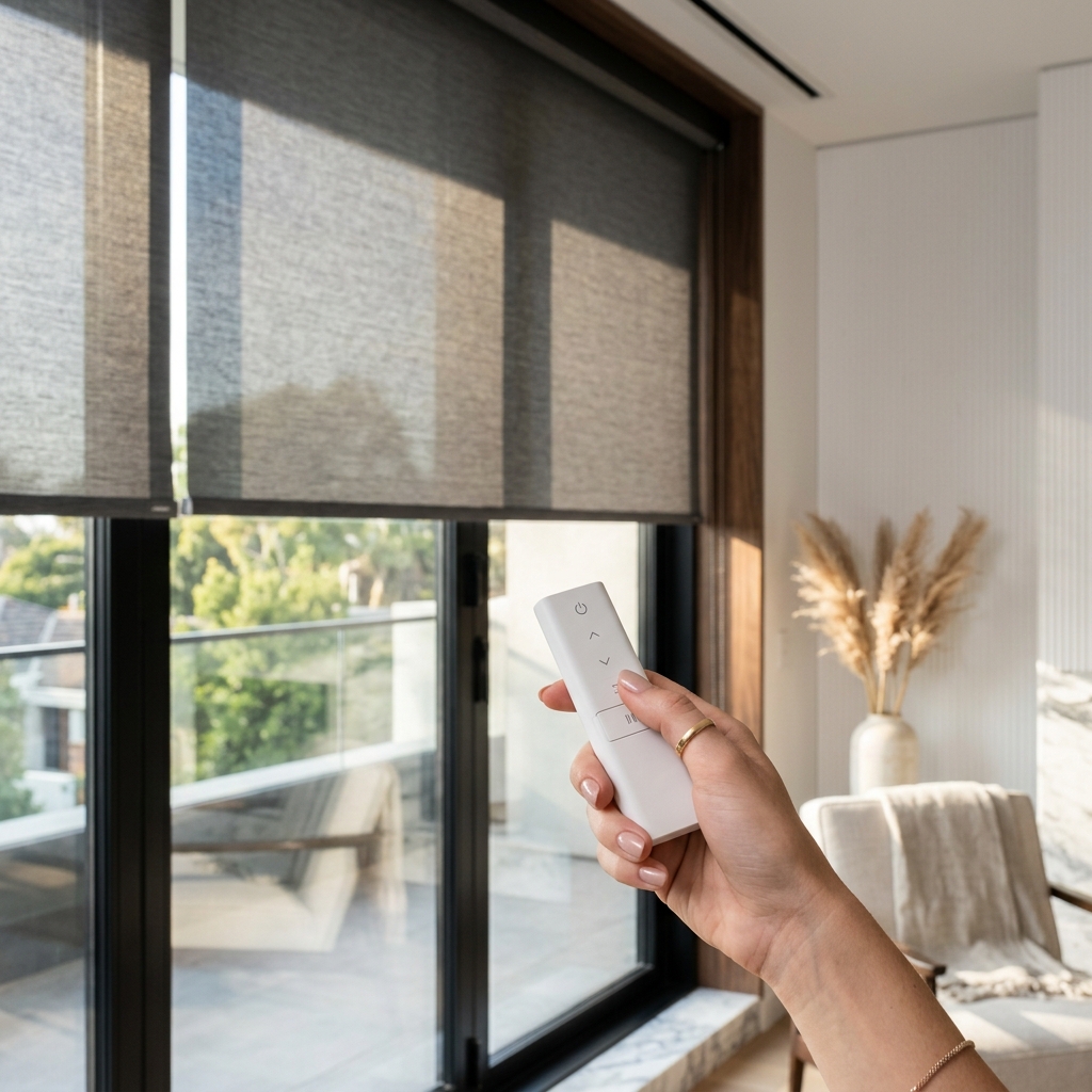 Handheld remote control used to operate motorised blinds