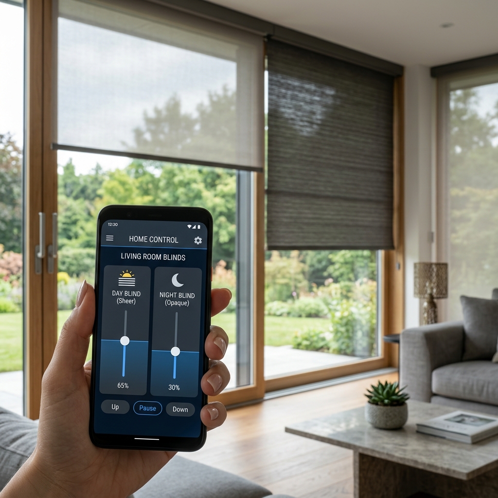Smart hub device for controlling motorised blinds via smartphone